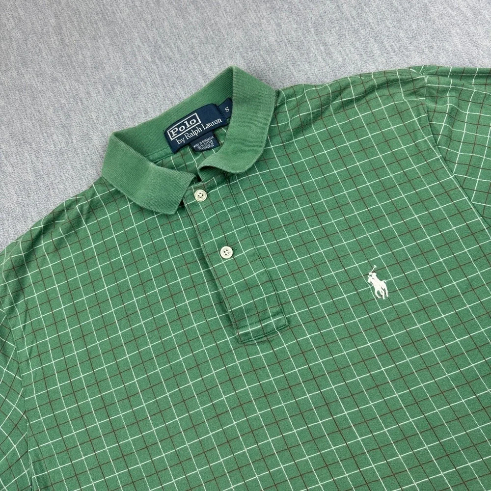 Vintage Polo Ralph Lauren Shirt Mens Polo Small Green Check Cotton Golf Classic